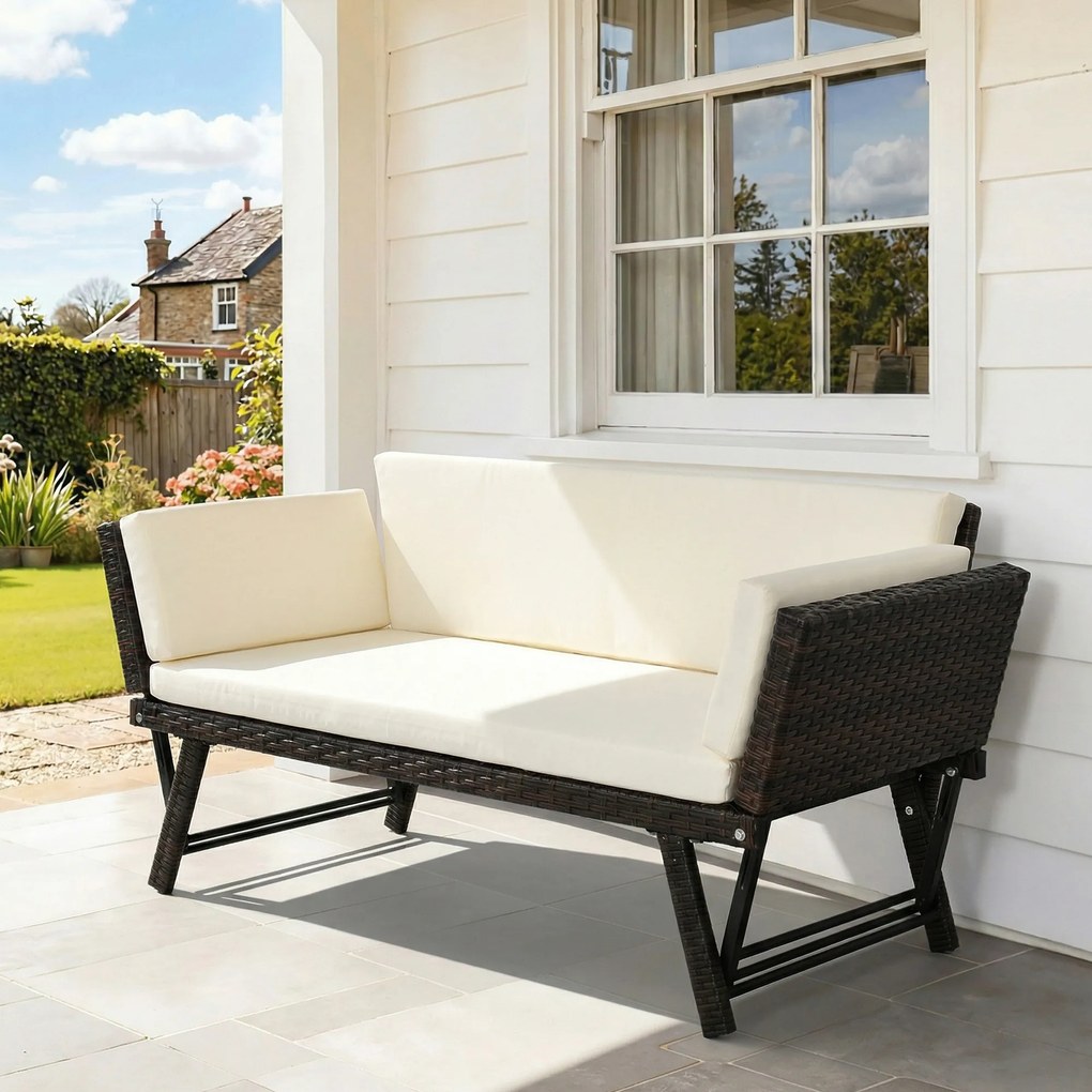 Outsunny Sofa ogrodowa 2-osobowa, technorattan, składane podłokietniki, stal, brązowa, 129x63x67cm | Aosom PL