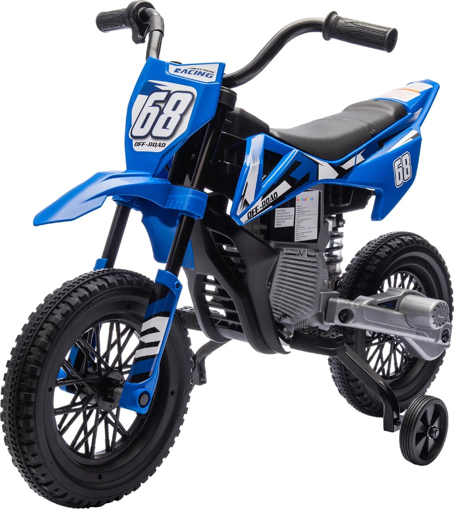 AIYAPLAY Elektryczny motocykl dla dzieci, manualna kontrola gazu, koła treningowe, muzyka, Niebieski, 107 x 56 x 70 cm