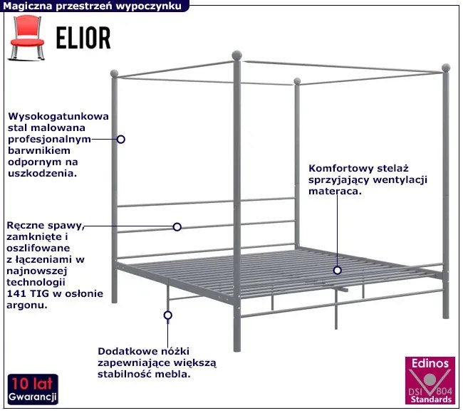 Szare metalowe łóżko dwuosobowe z baldachimem 200x200 cm - Aveiro