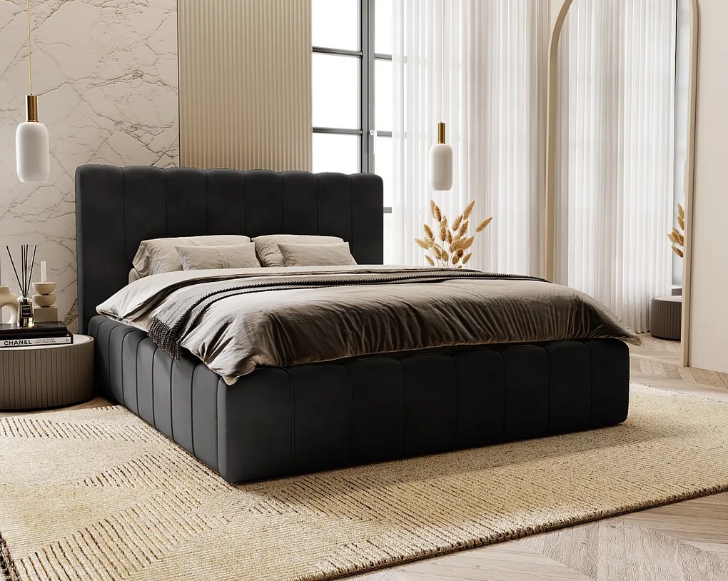 Emporius Lisbon łóżko dwuosobowe z pojemnikiem - łóżko tapicerowane 180x200 cm - nowoczesny styl, wysoka jakość - aksamit, czarny (Magic Velvet 2219)