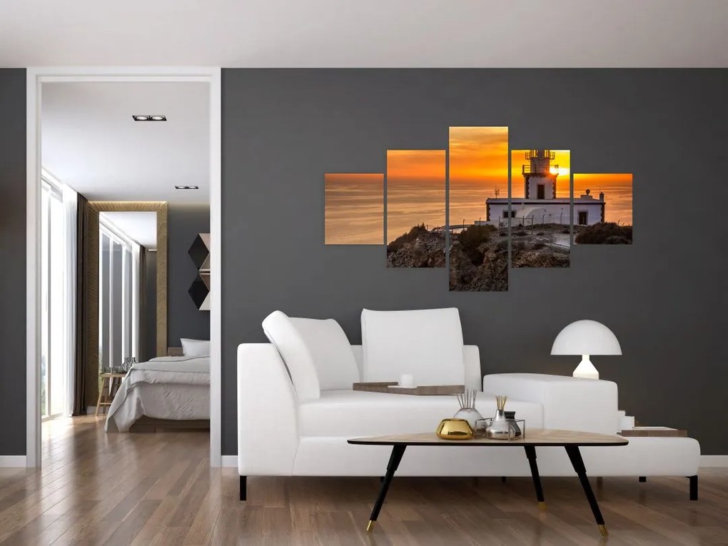 Obraz latarni morskiej o zachodzie słońca (125x70 cm)