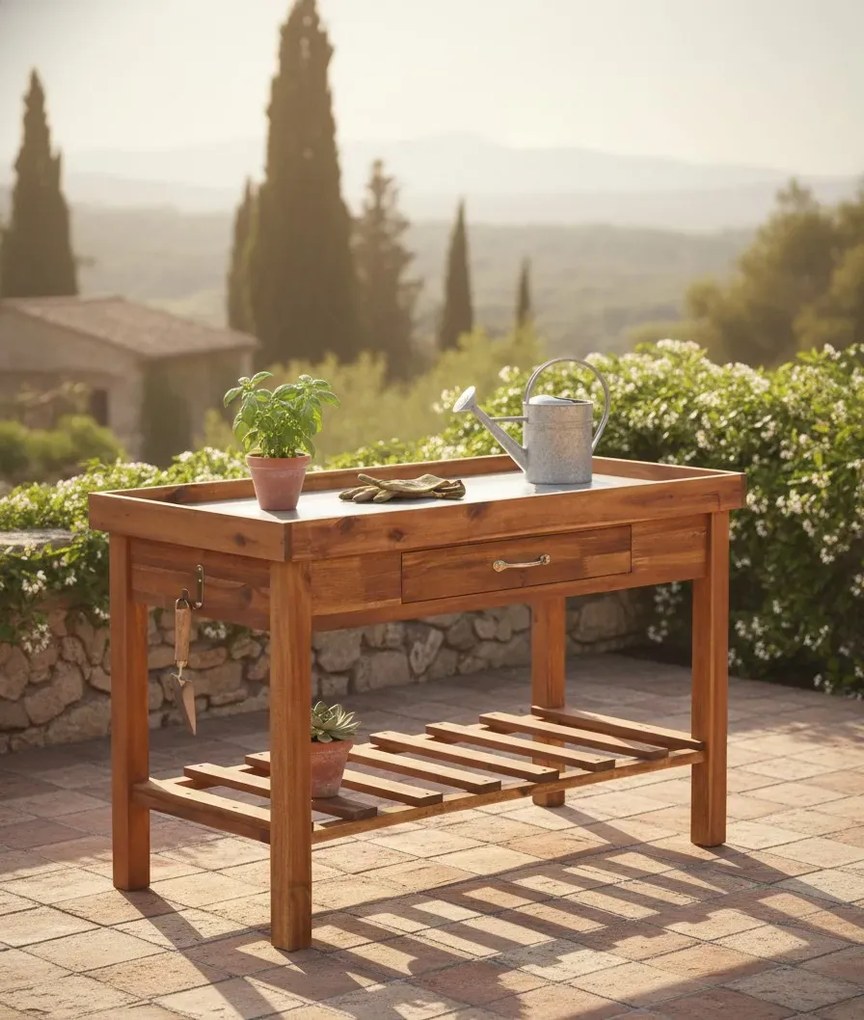 Brązowy drewniany stół ogrodniczy D8-E47