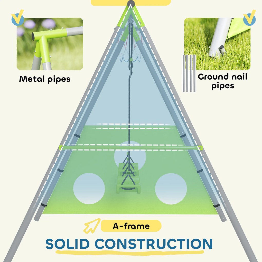 AIYAPLAY Zestaw huśtawkowy dla dzieci, 2 siedziska huśtawkowe, 1 kosz do koszykówki, 1 bramka do piłki nożnej, stelaż metalowy, zielony