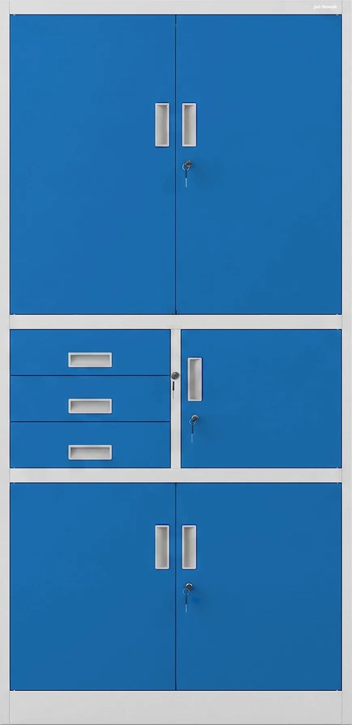 Biurowa szafa metalowa z sejfem szaro-niebieska: FILIP II, 900 x 1850 x 400 mm