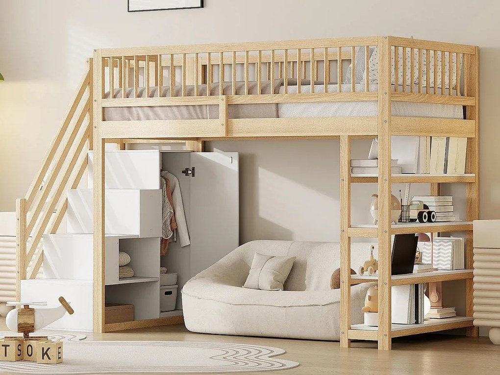 Łóżko mezzanine 90x200 cm - z półkami i drabiną do przechowywania - z litego drewna - naturalne