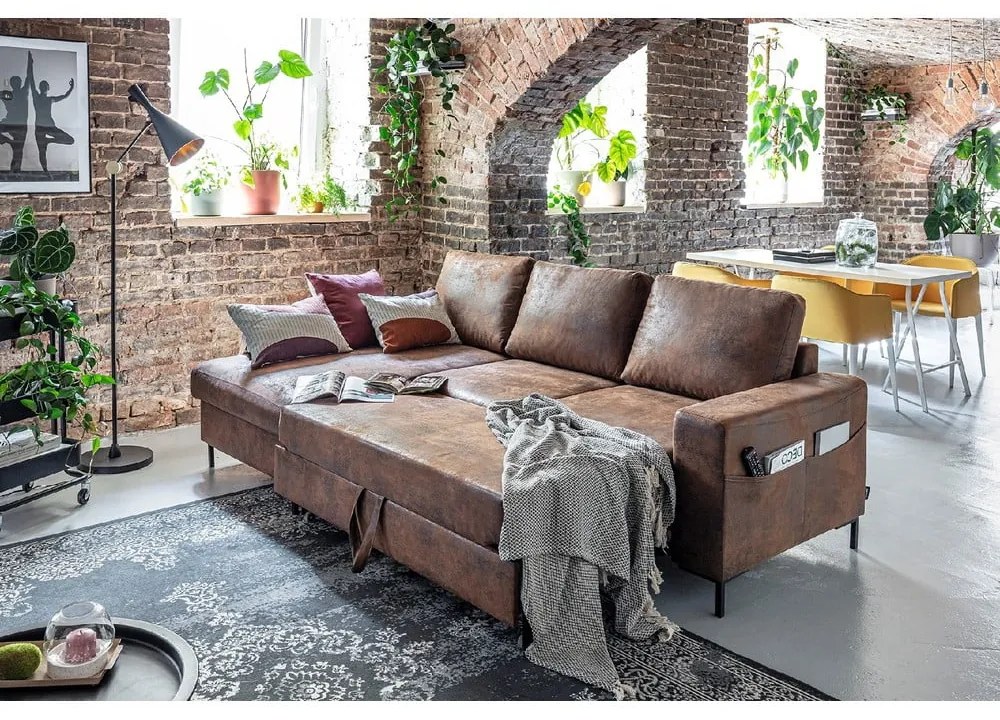 Brązowy narożnik rozkładany z imitacji skóry Miuform Lofty Lilly Vintage, lewostronny