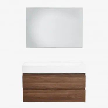Zestaw Wiszących Mebli Łazienkowych Z Drewna I Forniru Jesionowego Zintegrowany Z Umywalką Ona Prostokątna Lampa Led I Przeciwmgielna 100x70 Cm Riben