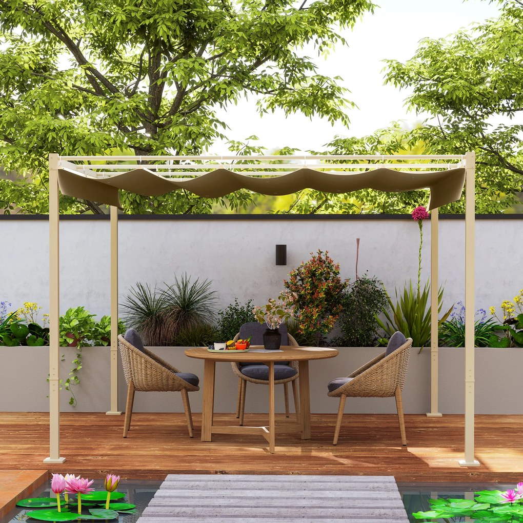 Outsunny Pergola ogrodowa 3 x 3 m z chowanym dachem, pawilon, daszek przeciwsłoneczny, UPF30+, Khaki | Aosom PL