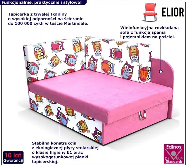 Różowy młodzieżowy rozkładany tapczan w sowy R3-S00