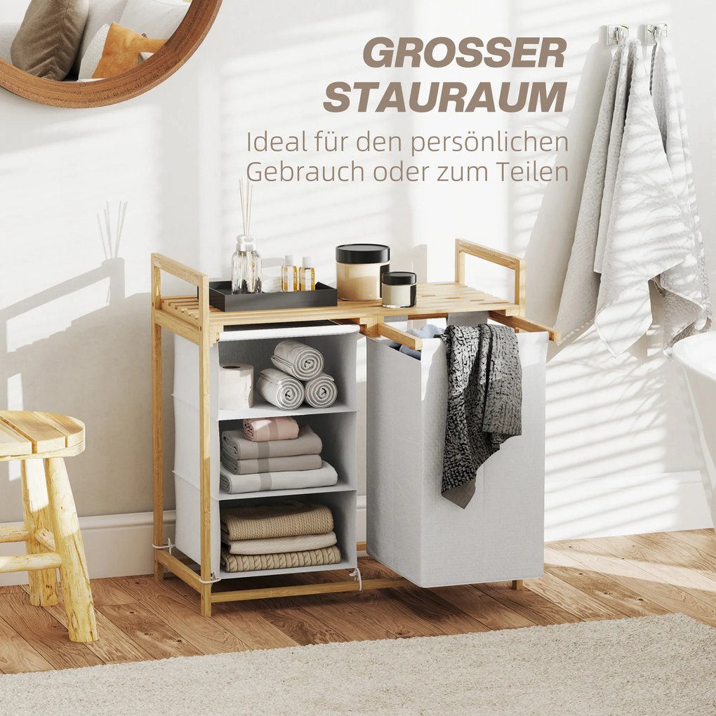 HOMCOM Kosz na pranie z workiem na pranie, szufladą na akcesoria, bambus, 70x36x70 cm, Biały/Drewno