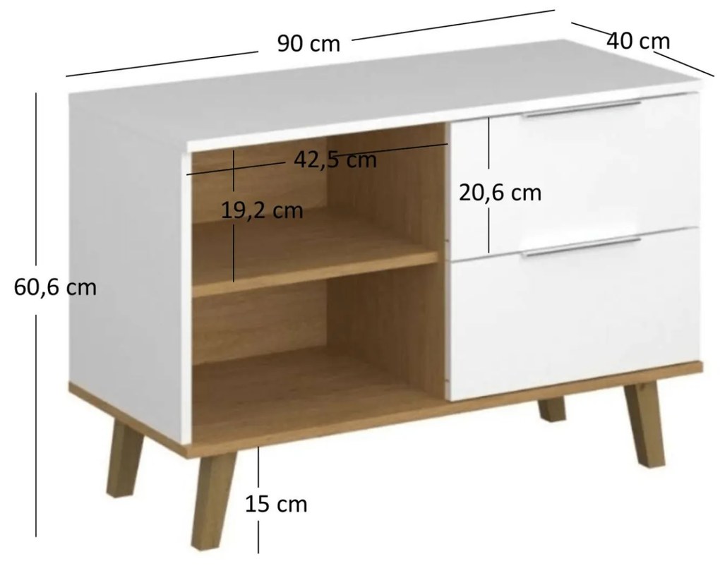 Komoda z Szufladami do Salonu RADIAN 90 cm Biała / Dąb kamienny Nowoczesna