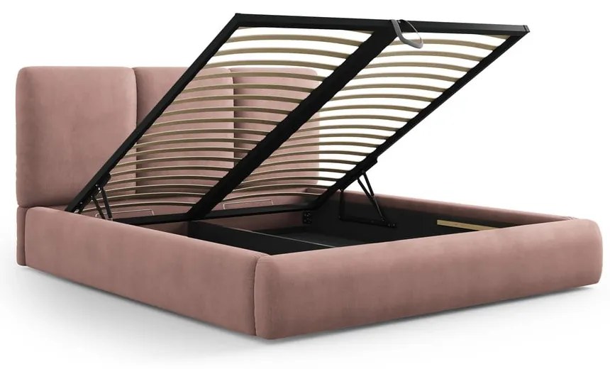 Jasnoróżowe tapicerowane łóżko dwuosobowe ze schowkiem i stelażem 140x200 cm Brody – Mazzini Beds
