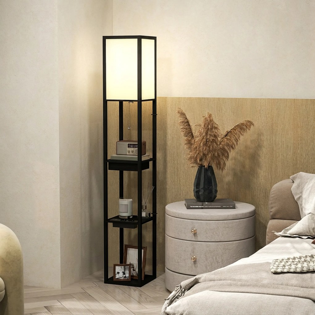 HOMCOM Lampa Stojąca z 3-Poziomową Półką, Przełącznikiem Nożnym, Portami USB, MDF, Czarny