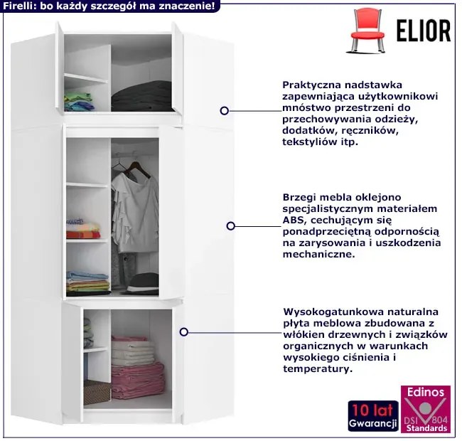 Biała narożna szafa na ubrania z nadstawką H4-N19