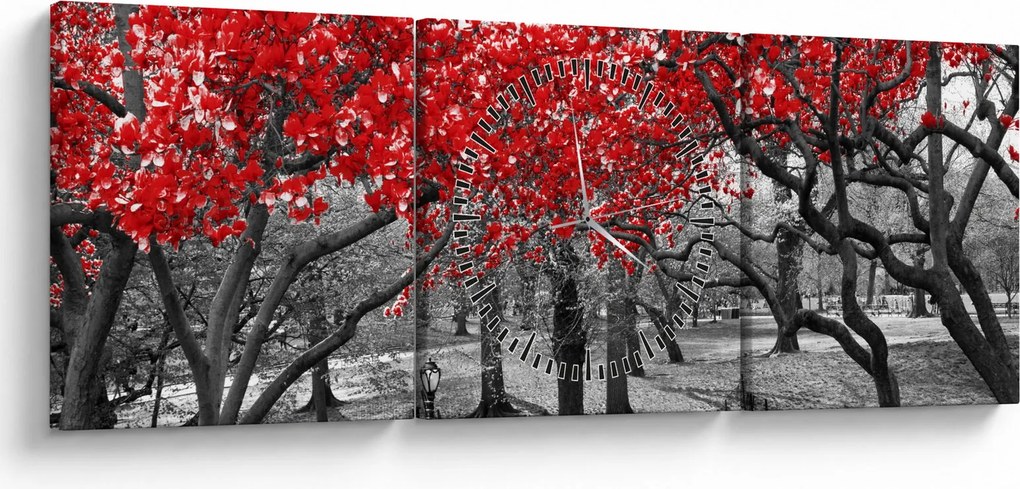 Obraz - Czerwone drzewa, Central Park, New York (z zegarem) (90x30 cm)