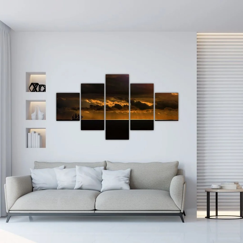 Obraz żaglówki o zachodzie słońca (125x70 cm)