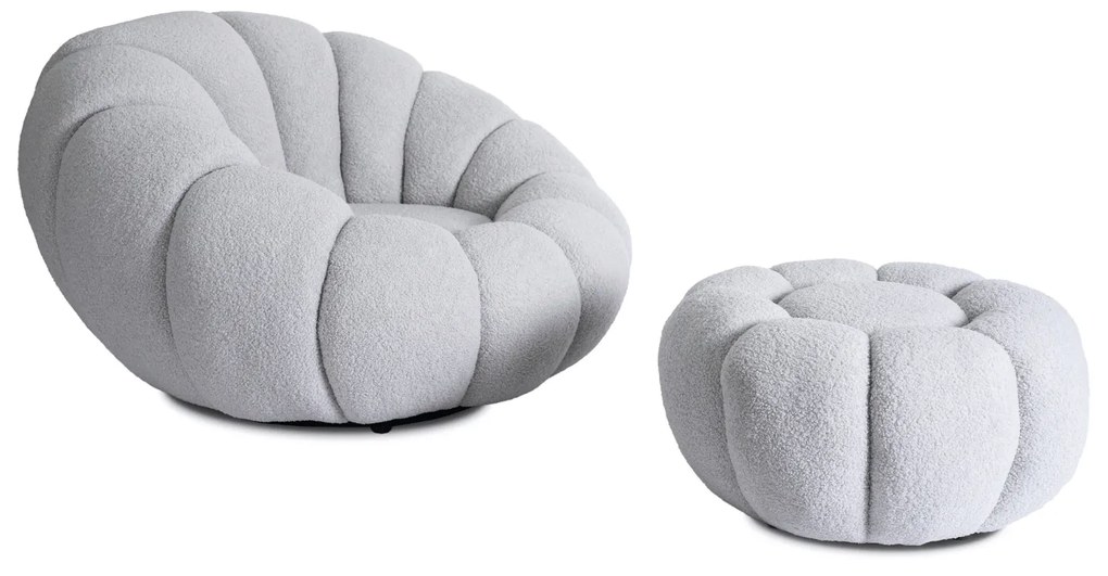Fotel Wypoczynkowy Obrotowy PETTIT Szary z Pufą w Tkaninie Teddy Boucle