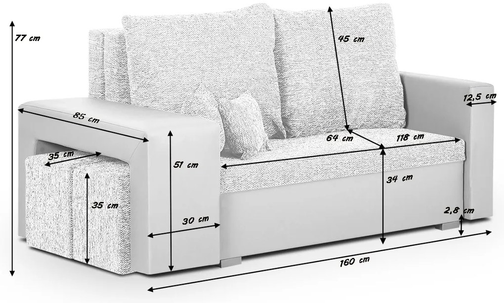 Sofa 2 os z funkcją spania HUBERT2 Srebrny/Biały