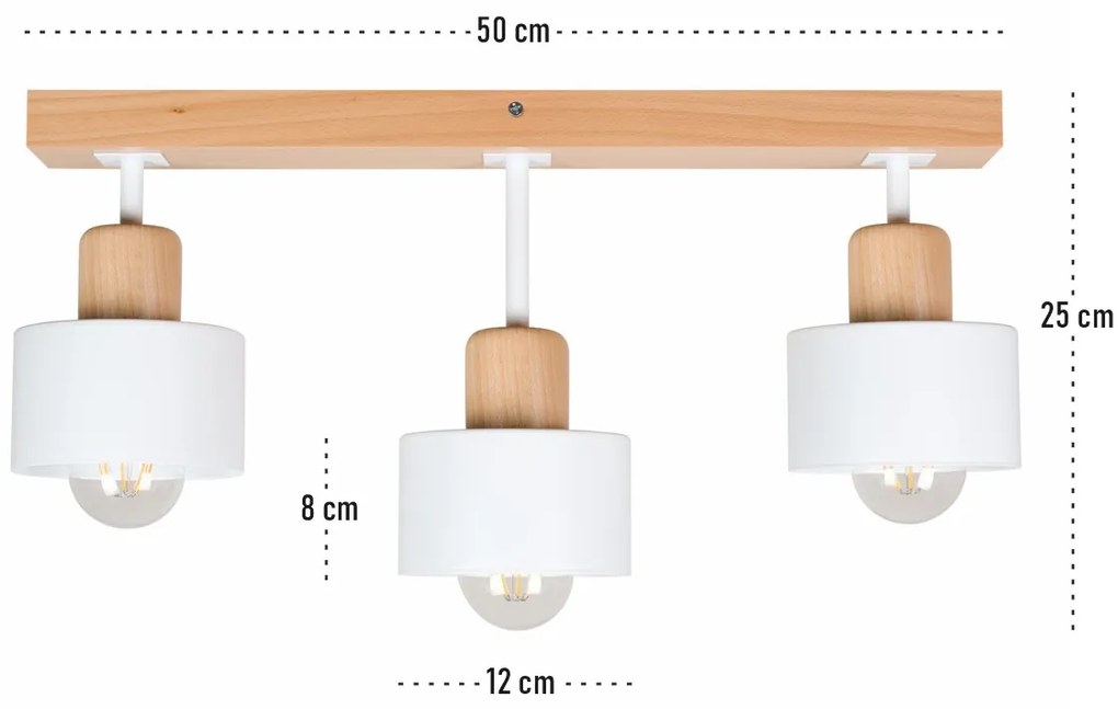 Biała lampa sufitowa, trzypunktowy spot DWE50x7BU z drewna i metalu E2