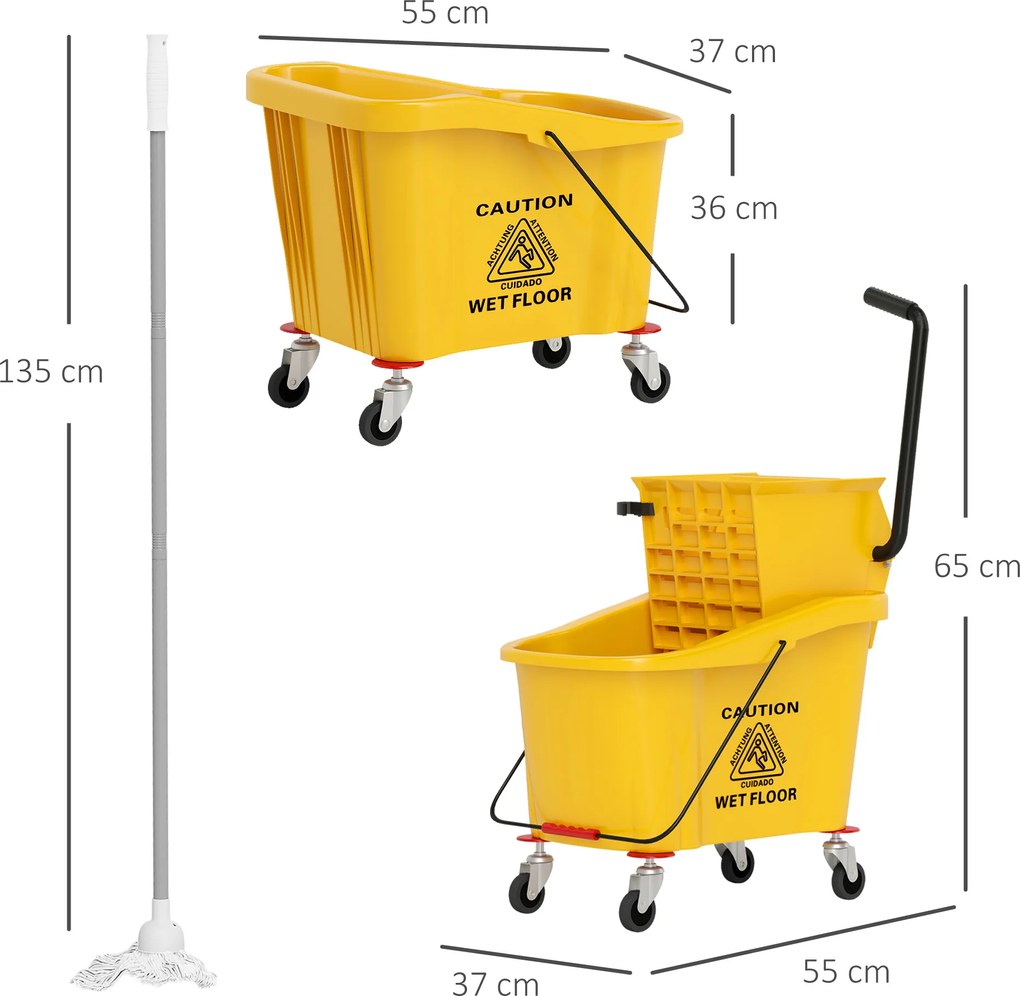 HOMCOM Wiadro do Mopa na Kołach z Wyciskaczem, Uchwytem na Mopa, 36 Litry, Plastik, Żółty