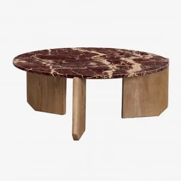 Okrągły Stolik Kawowy Z Naturalnego Kamienia I Drewna Mango Lavinia Czerwony Marmur Cherry Gold & Rustykalne Drewno Mangowca & Ø85 Cm - Sklum