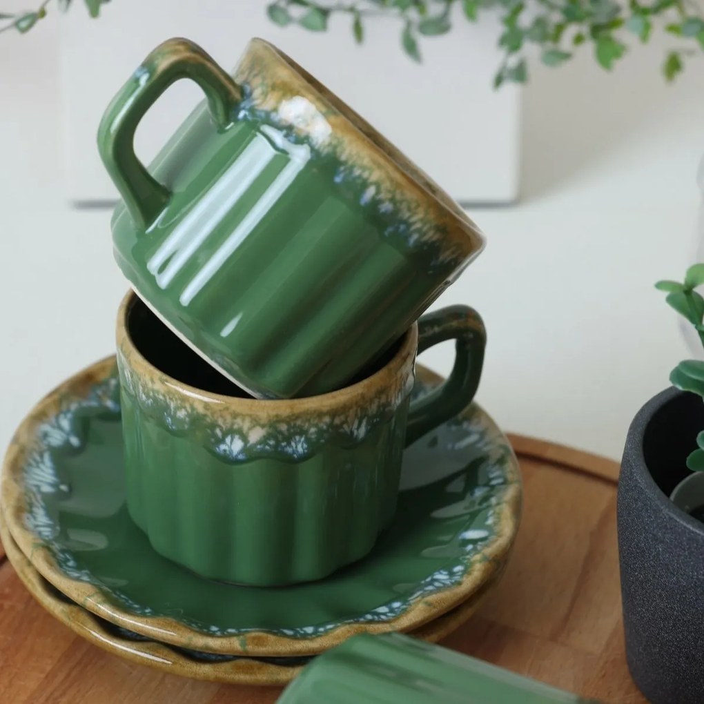 Zestaw 6 filiżanek ceramicznych ze spodkami Elementa 185 ml, zielony