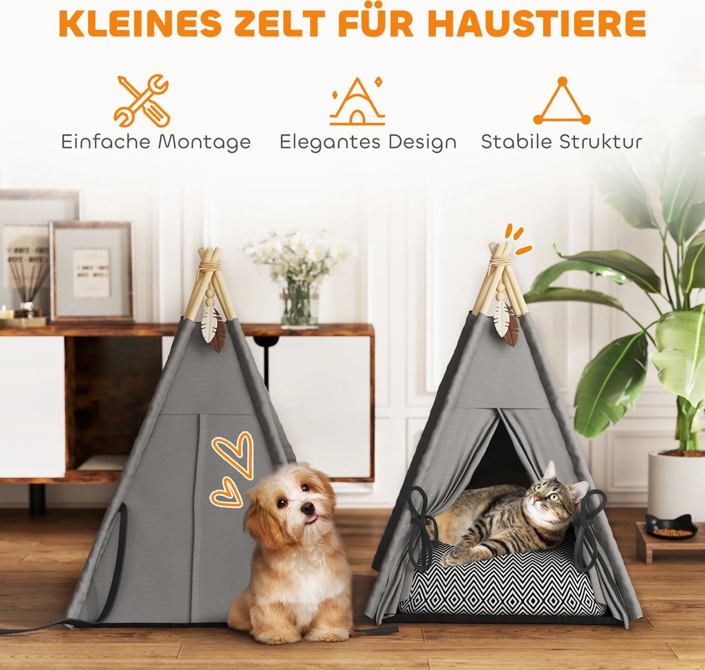 PawHut Tipi Namiot dla zwierząt, łóżko w formie namiotu tipi dla kota, namiot dla kota z poduszką, łóżko dla psa do spania, łóżko dla kota, szary