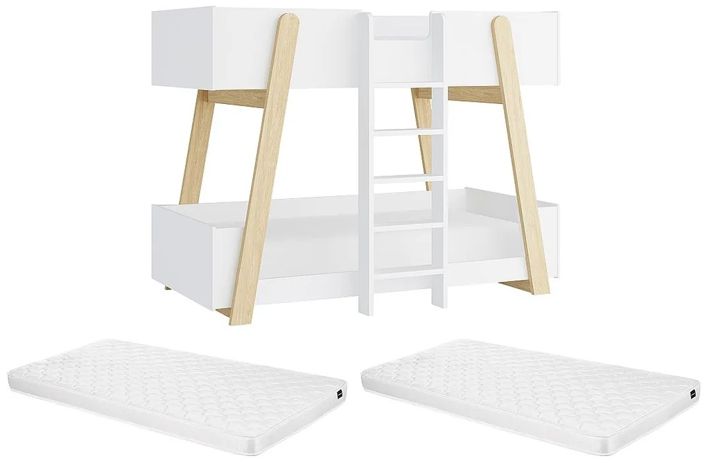 Łóżko piętrowe 90 x 190 cm - Białe i naturalne + Materac - CORODELA