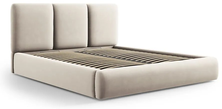 Kremowe aksamitne tapicerowane łóżko dwuosobowe ze schowkiem i stelażem 140x200 cm Brody – Mazzini Beds