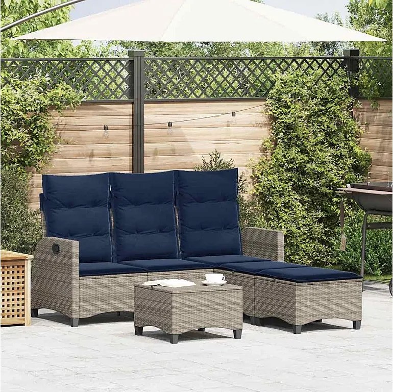 Zestaw mebli ogrodowych 3-częściowy szary rattanowy w kształcie L z grubymi poduszkami i regulowanym oparciem