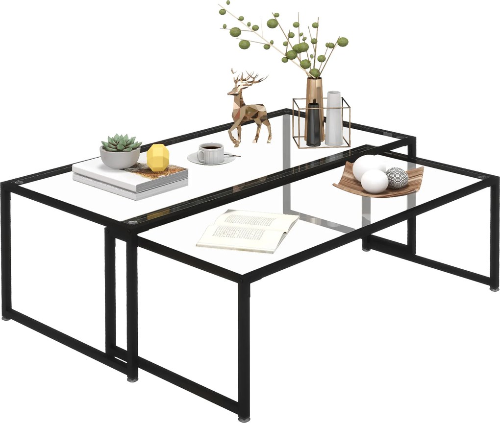 HOMCOM Zestaw 2 Stolików Kawowych Stalowe z Przezroczystym Blatem Nowoczesny Design Czarne 119x56x44.5 cm | Aosom PL