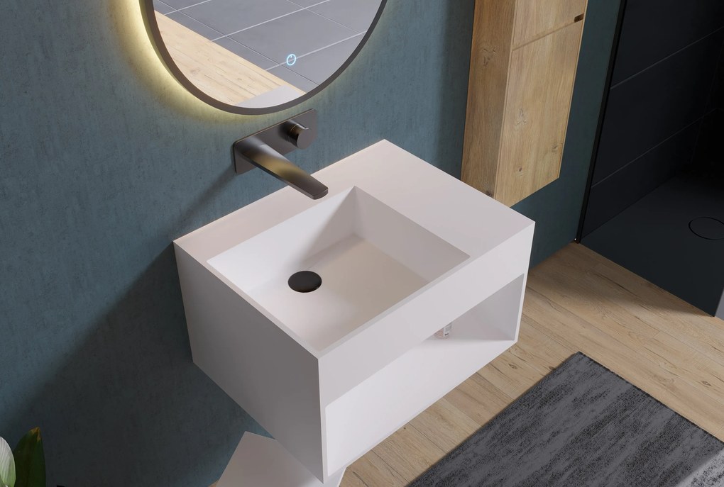 Umywalka ścienna PB2158 z odlewu mineralnegoBiały mat - z półką - 60 x 46 x 35 cm
