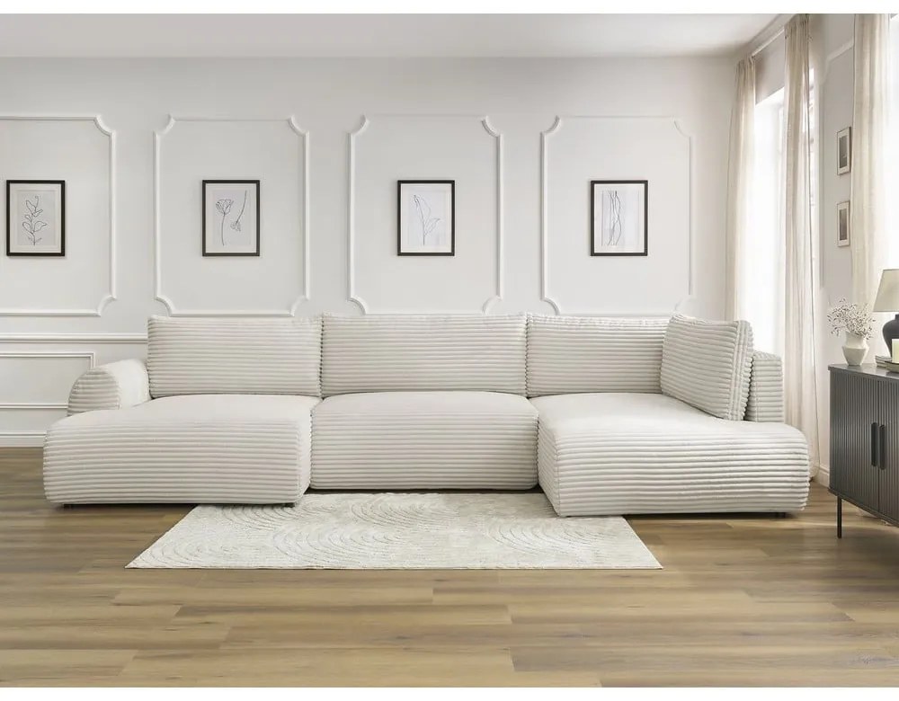 Kremowy sztruksowy rozkładany/ze schowkiem narożnik (prawostronny/w kształcie litery U) Lucien – Bobochic Paris