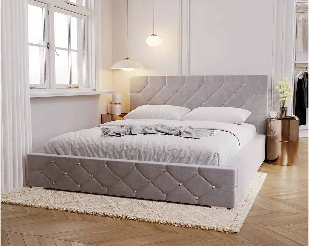 Emporius Solar łóżko tapicerowane 160x200 cm - eleganckie łóżko w stylu glamour - kryształki, pojemnik i stelaż, tkanina aksamitna, szary (Magic Velvet 2217)