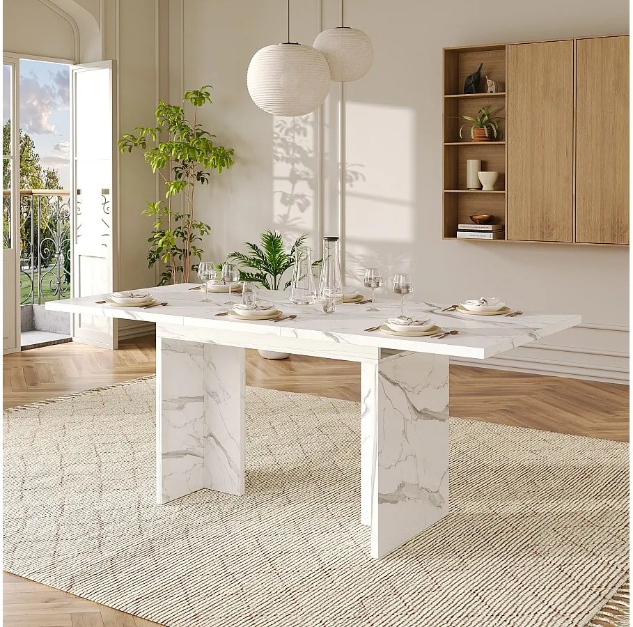 Rozkładany stół jadalny - 140/180 x 80 x 75 cm - dla 6-8 osób - styl minimalistyczny - płyta MDF - biały marmur