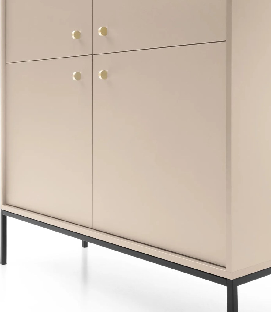 Czterodrzwiowa komoda wysoka do salonu MK104 beżowa/czarne nóżki