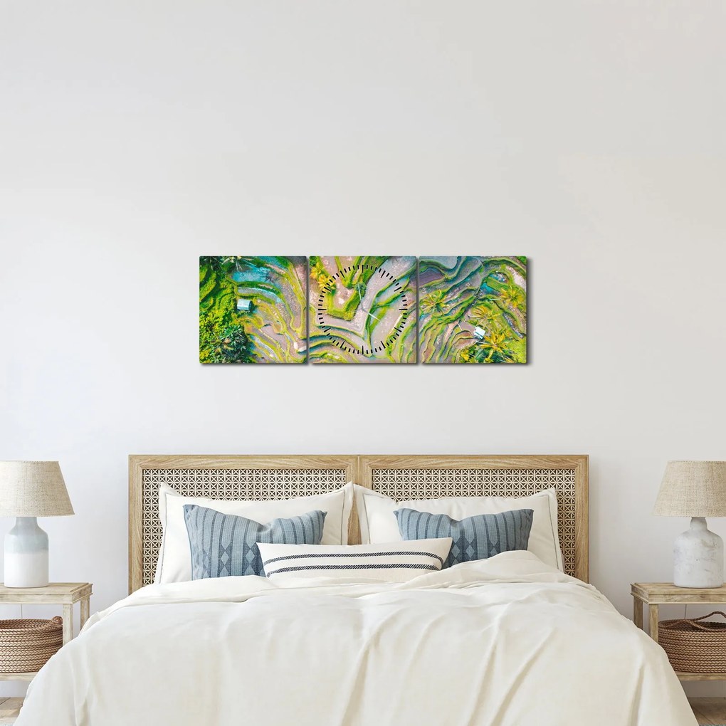 Obraz pól ryżowych z lotu ptaka (z zegarem) (90x30 cm)