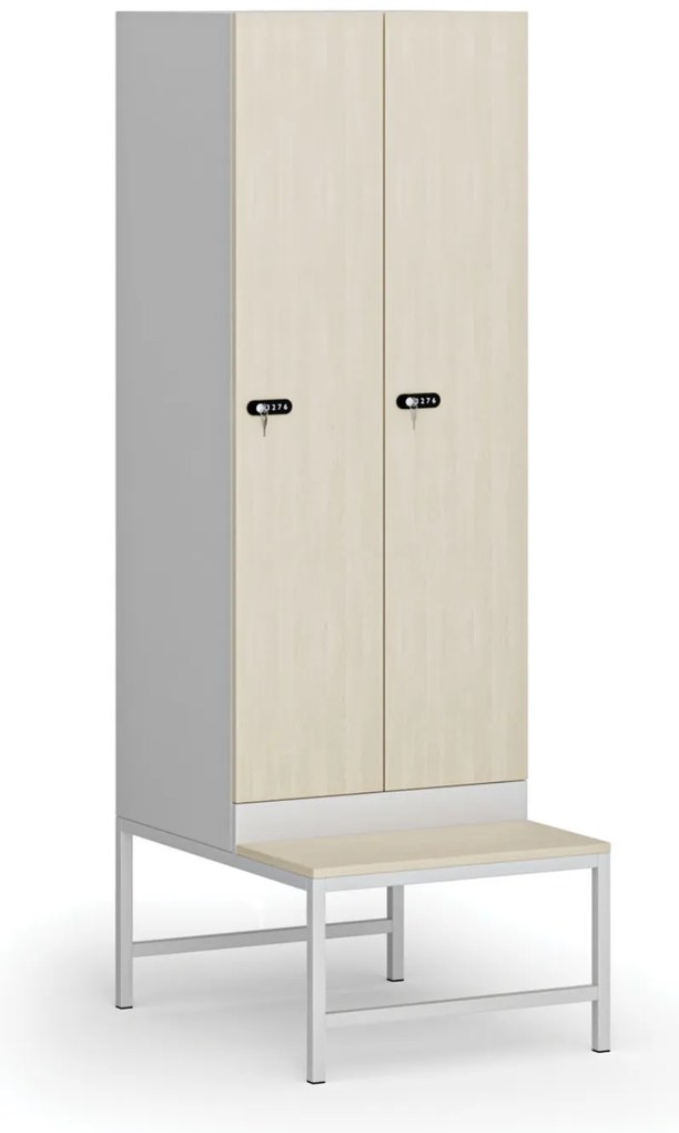 Szafka ubraniowa z ławką, 2-drzwiowa, 1875 x 600 x 500/800 mm, demontaż, zamek mechaniczny z kodem, drzwi laminowane, brzoza