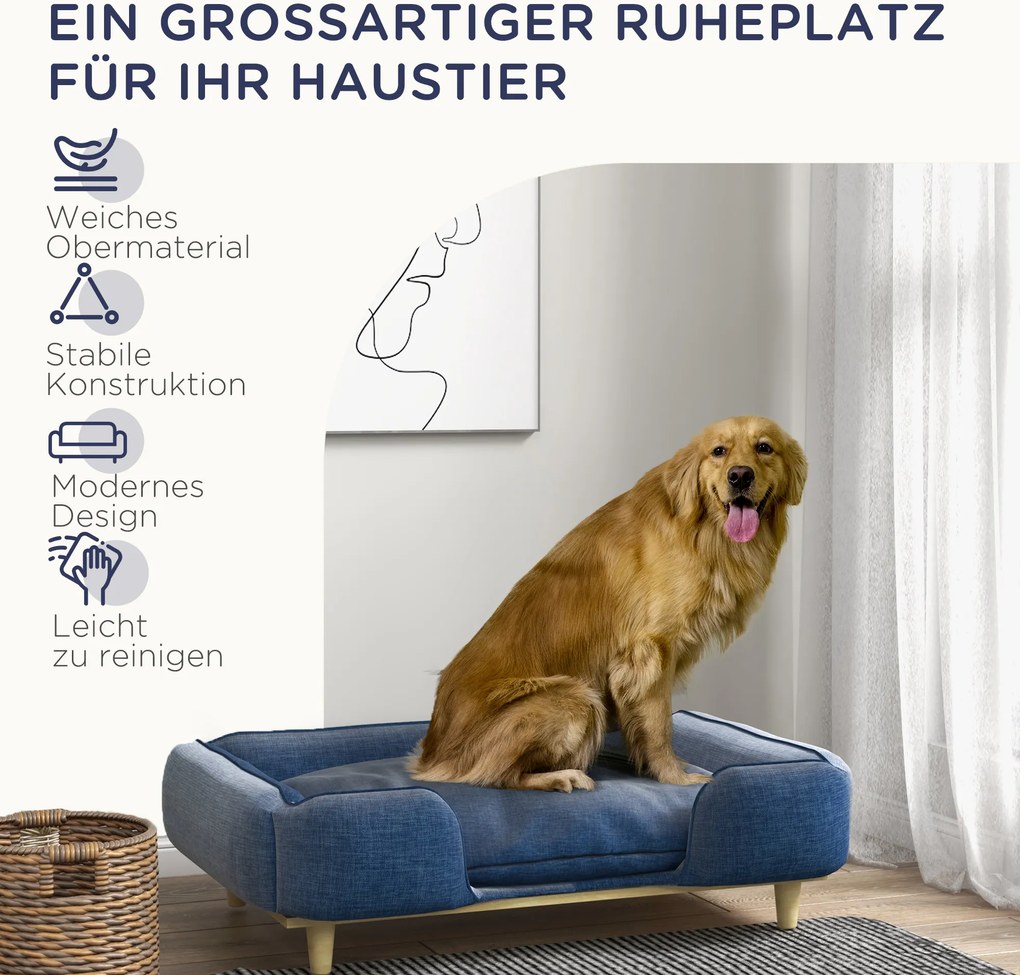 PawHut Sofa dla psa, sofa dla zwierząt z poduszką, łóżko dla psa z podwyższonym designem Niebieskie