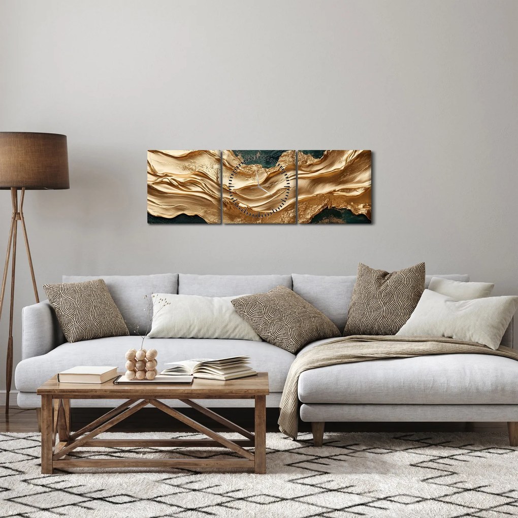 Obraz - Zielona abstrakcja ze złotem II. (z zegarem) (90x30 cm)
