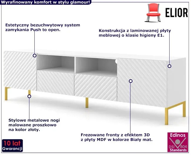 Szafka rtv z 2 szufladami biały mat + złote nóżki Siena 2X