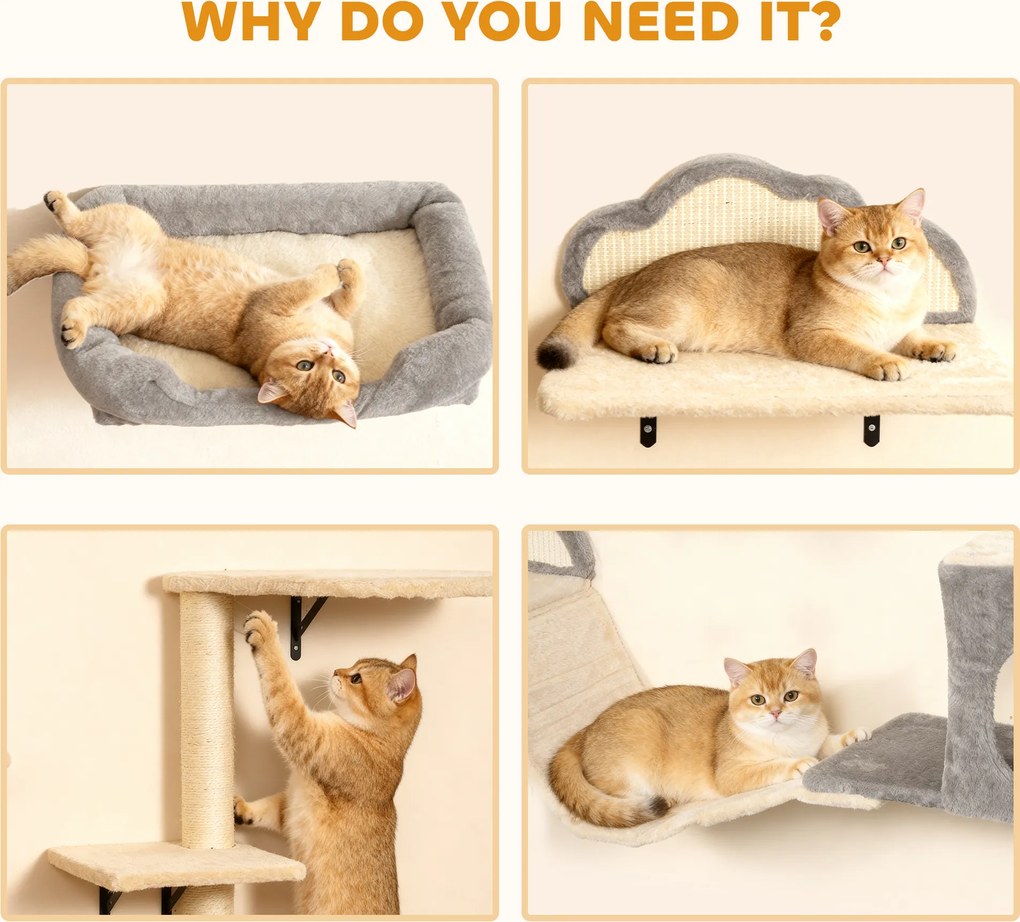 PawHut Zestaw drapaka montowanego na ścianie, powierzchnie ze sizalu, 4 części, dla 1-3 kotów, Beżowy