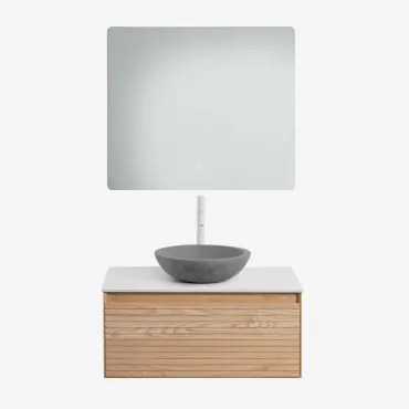 Zestaw Wiszących Mebli Łazienkowych Z Drewna Jesionowego Tedrik Popielaty Brąz & Okrągły Szary Cement - Sklum