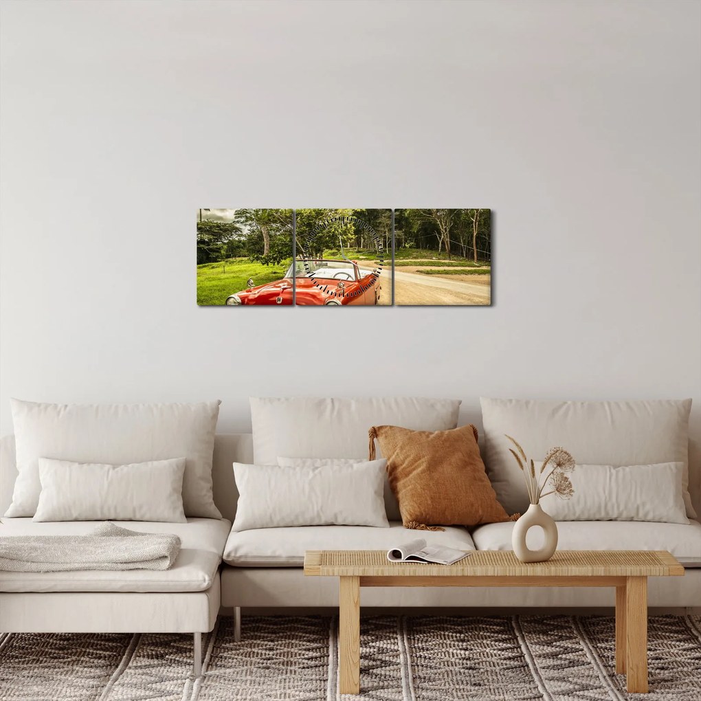 Obraz - zabytkowy samochód w przyrodzie (z zegarem) (90x30 cm)