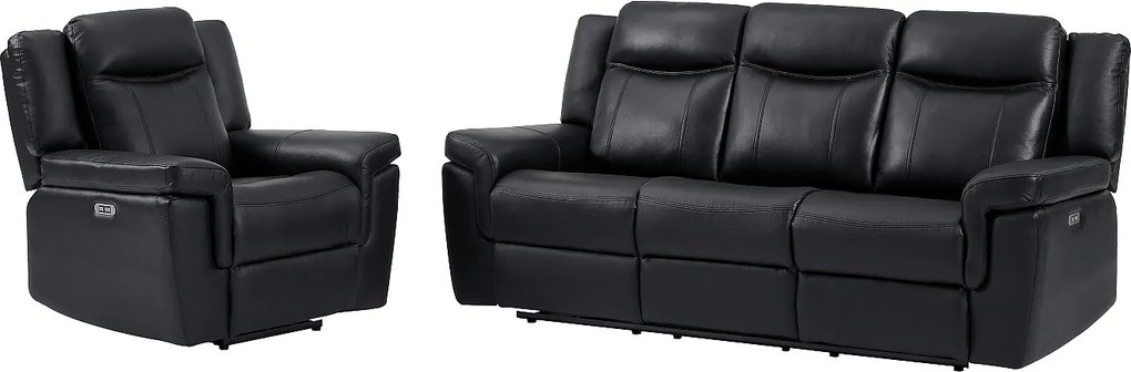 Kanapa 3- i 1-osobowa KENNETH z elektryczną funkcją relax, ze skóry – kolor czarny