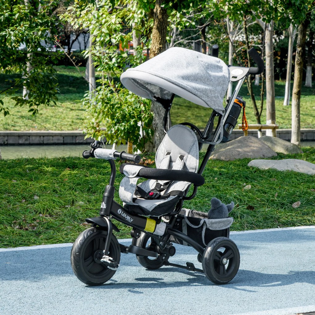 HOMCOM Rowerek 6w1 dla Dzieci z Rączką, Daszkiem, Pasem, Koszykiem, dla Dzieci 1-5 Lat, Szary