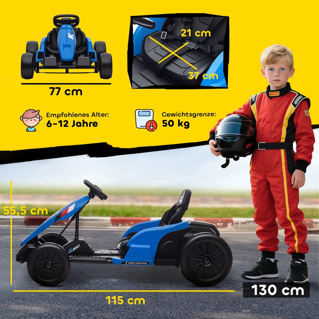 AIYAPLAY 24V Elektryczny gokart, tryb driftu, regulowane siedzisko, 5-punktowy pas bezpieczeństwa, funkcja muzyczna, klakson, 6-12 lat Niebieski