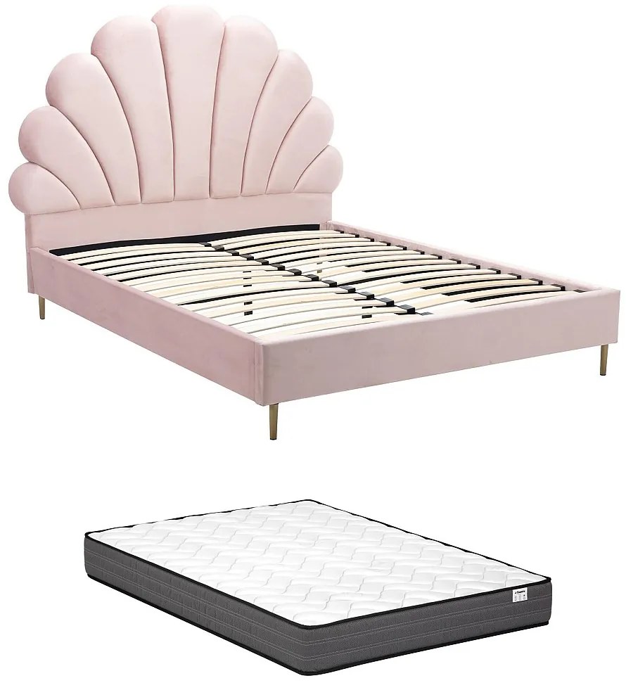 Łóżko muszelka 140 x 190 cm - Welur - Różowy + Materac - LIVAYA
