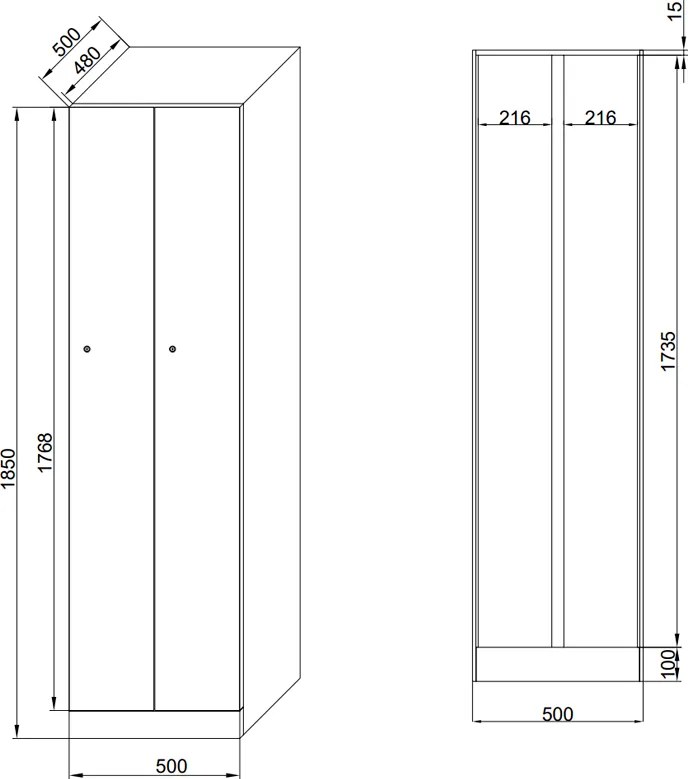 Szafka ubraniowa S1 wąska, 2-drzwiowa, 1850 x 500 x 500 mm, zamek cylindryczny, drzwi laminowane, buk