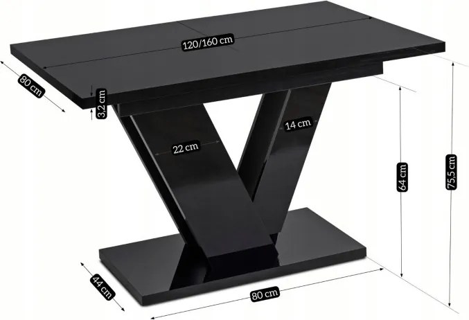 Zestaw Stół Prostokątny Rozkładany CLARK 120-160 cm Czarny Połysk i 4 Krzesła Tapicerowane RICK Szare Welurowe